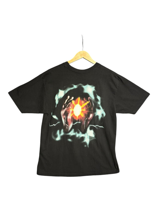 OutOf10 black cotton t-shirt featuring a vibrant graphic print of hands holding a glowing sun on the back