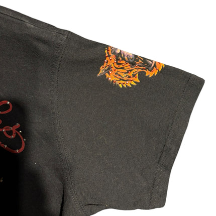 OutOf10 black cotton t-shirt sleeve featuring a vibrant tiger graphic with rhinestone embellishments