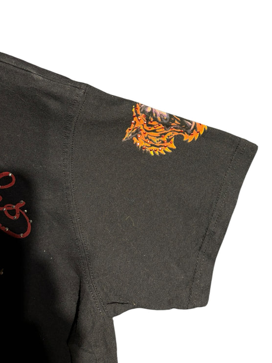 OutOf10 black cotton t-shirt sleeve featuring a vibrant tiger graphic with rhinestone embellishments