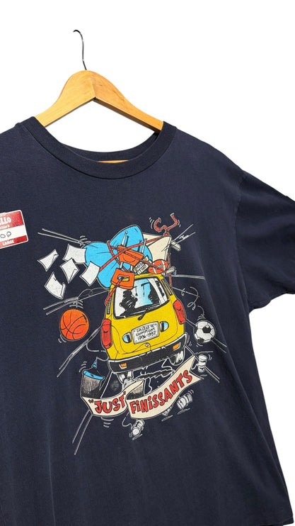 OutOf10 black cotton crewneck t-shirt featuring a vintage graphic of a packed yellow car and Just Finissants text