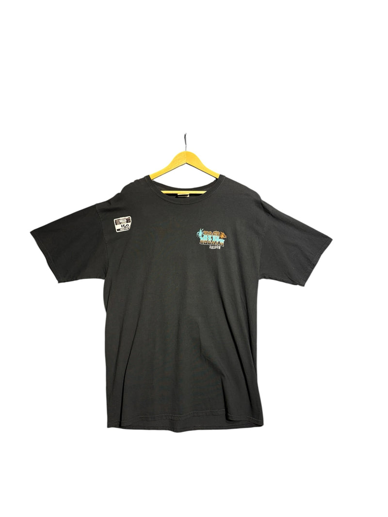 OutOf10 black cotton short sleeve t-shirt with small Hog's Breath Saloon logo on the front chest