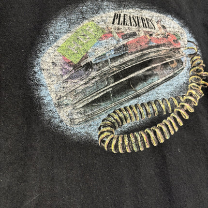 OutOf10 black cotton crewneck t-shirt featuring a vintage distressed telephone graphic print on the chest.