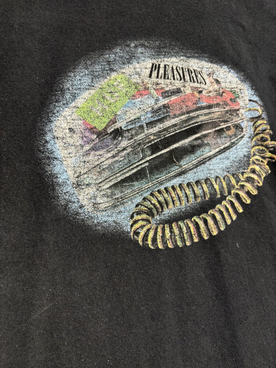 OutOf10 black cotton crewneck t-shirt featuring a vintage distressed telephone graphic print on the chest.