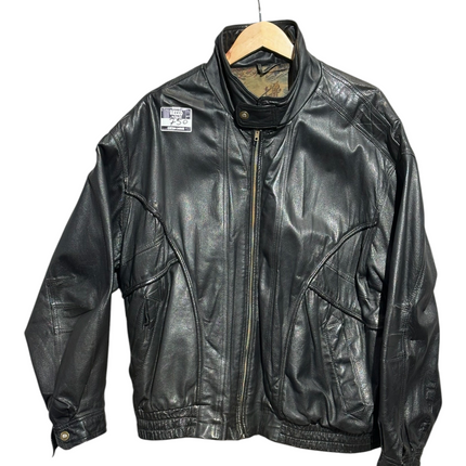 OutOf10 vintage style black leather bomber jacket with front zip closure, ribbed hem, and patterned interior lining