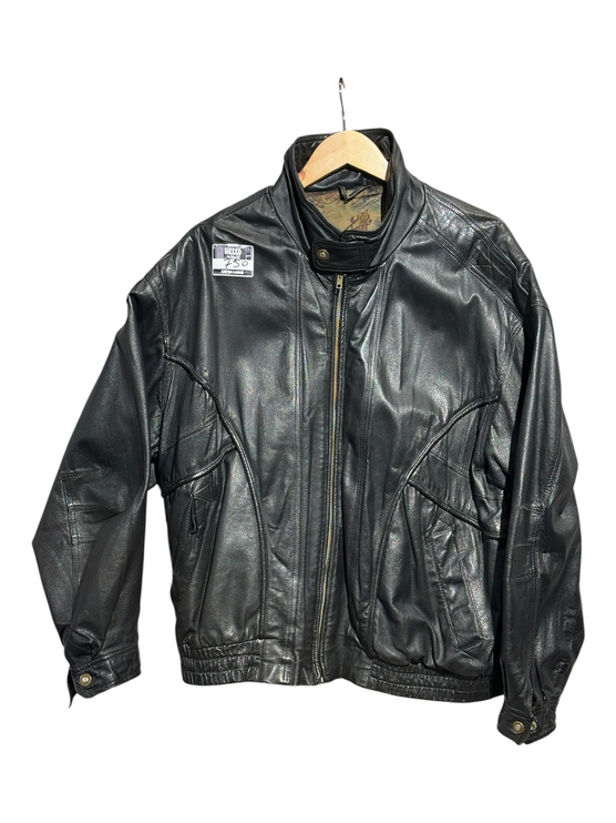 OutOf10 vintage style black leather bomber jacket with front zip closure, ribbed hem, and patterned interior lining