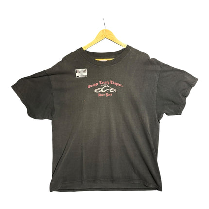 OutOf10 black cotton crewneck t-shirt featuring a vintage pink and white Orange County Choppers motorcycle graphic.