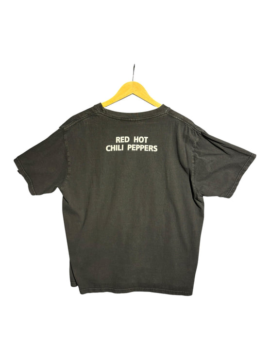 OutOf10 black cotton Red Hot Chili Peppers band t-shirt featuring minimalist white typography on the back