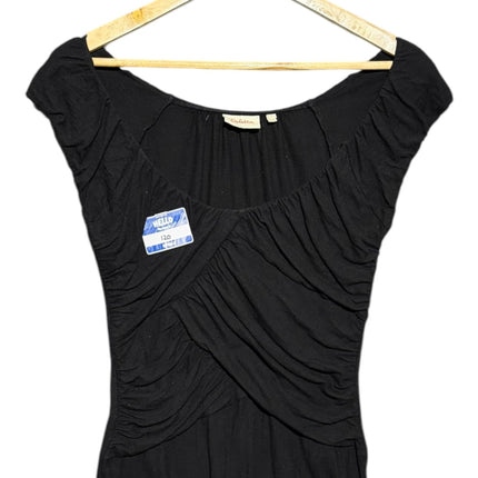 OutOf10 black fitted top with scoop neckline, cap sleeves, and intricate front ruching on a wooden hanger.