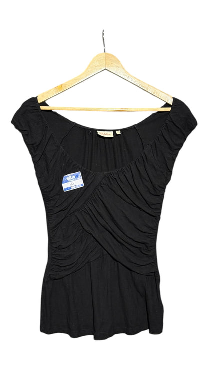 OutOf10 black fitted top with scoop neckline, cap sleeves, and intricate front ruching on a wooden hanger.
