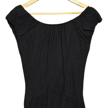 OutOf10 black fitted top with scoop neckline, cap sleeves, and front ruching detail on a wooden hanger