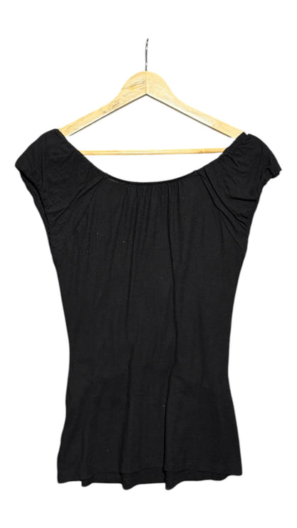 OutOf10 black fitted top with scoop neckline, cap sleeves, and front ruching detail on a wooden hanger