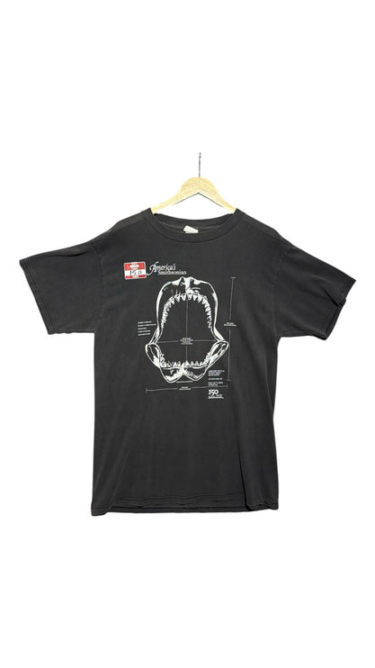 OutOf10 black cotton t-shirt featuring a white technical shark jaw illustration and America's Smithsonian 150 logo.