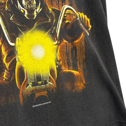OutOf10 black cotton t-shirt featuring a high-contrast graphic of a skull rider on a motorcycle