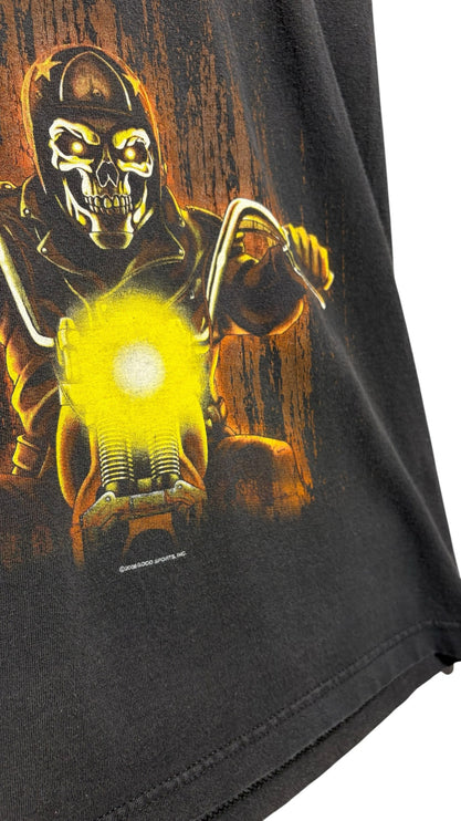 OutOf10 black cotton t-shirt featuring a high-contrast graphic of a skull rider on a motorcycle