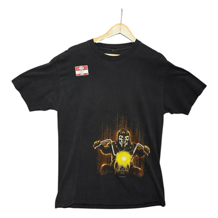 OutOf10 black cotton graphic t-shirt featuring a skull rider on a motorcycle with a crew neck and relaxed fit.