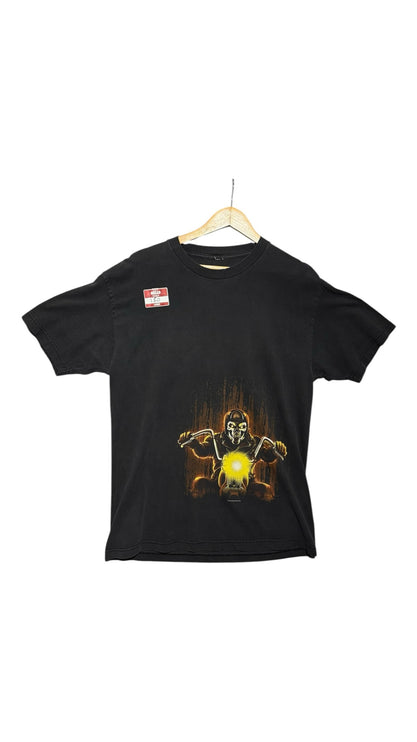OutOf10 black cotton graphic t-shirt featuring a skull rider on a motorcycle with a crew neck and relaxed fit.