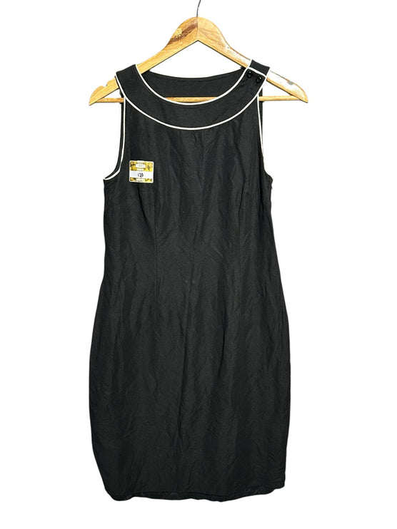 OutOf10 black sleeveless shift dress with white piping detail on neckline and armholes, linen and rayon blend.
