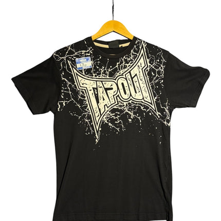 OutOf10 black cotton crewneck t-shirt with a white distressed Tapout logo and paint splatter graphic on the chest.