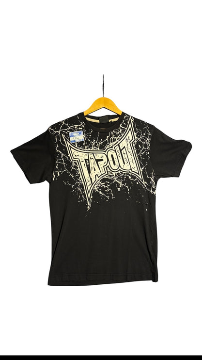 OutOf10 black cotton crewneck t-shirt with a white distressed Tapout logo and paint splatter graphic on the chest.