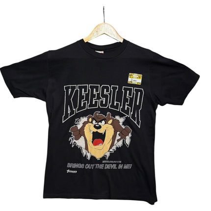 OutOf10 black cotton t-shirt featuring a vintage Tasmanian Devil graphic with Keesler lettering on a hanger.
