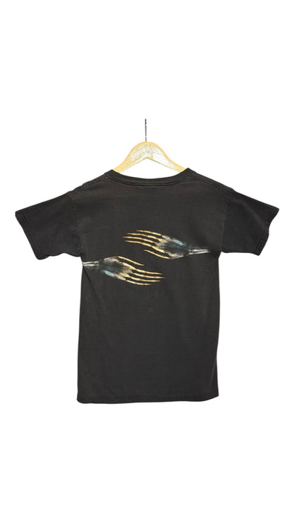OutOf10 black cotton short sleeve t-shirt featuring a surreal skeletal hands graphic on the back