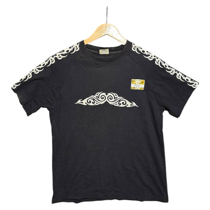 OutOf10 black cotton crewneck t-shirt with white tribal-inspired graphic print on chest and sleeves