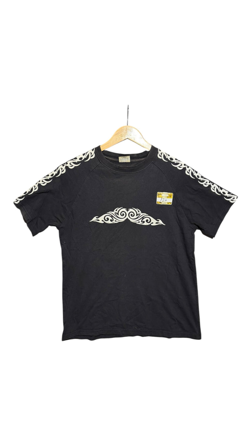 OutOf10 black cotton crewneck t-shirt with white tribal-inspired graphic print on chest and sleeves