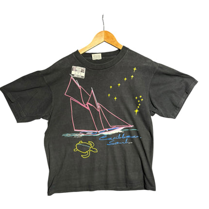 OutOf10 black cotton t-shirt with a vintage sailboat and sea turtle graphic print, featuring a classic crew neckline.