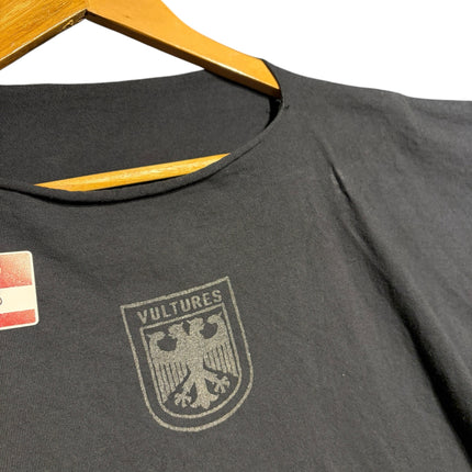 OutOf10 black oversized cotton t-shirt with a distressed eagle crest Vultures graphic and raw-edge neckline.