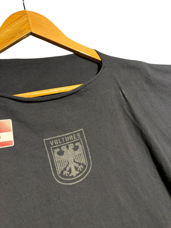 OutOf10 black oversized cotton t-shirt with a distressed eagle crest Vultures graphic and raw-edge neckline.