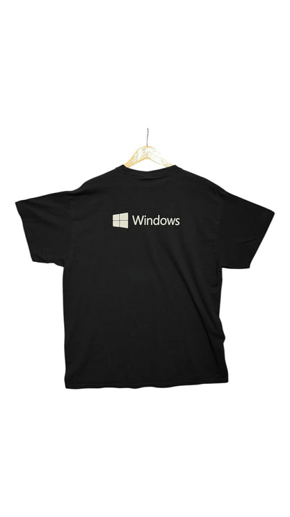 OutOf10 black crewneck t-shirt featuring the white Windows logo printed on the back, made from soft cotton.