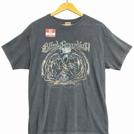OutOf10 washed black cotton crewneck t-shirt featuring a detailed Blind Guardian fantasy graphic print on the front.