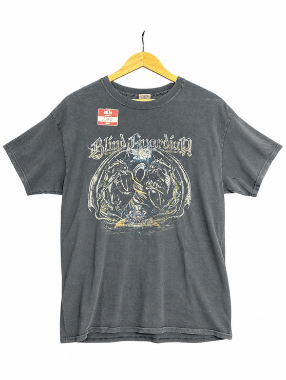 OutOf10 washed black cotton crewneck t-shirt featuring a detailed Blind Guardian fantasy graphic print on the front.