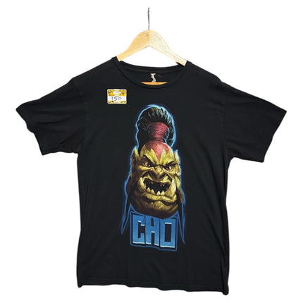 OutOf10 black cotton crewneck t-shirt featuring a vibrant Cho character graphic print from Blizzard Entertainment
