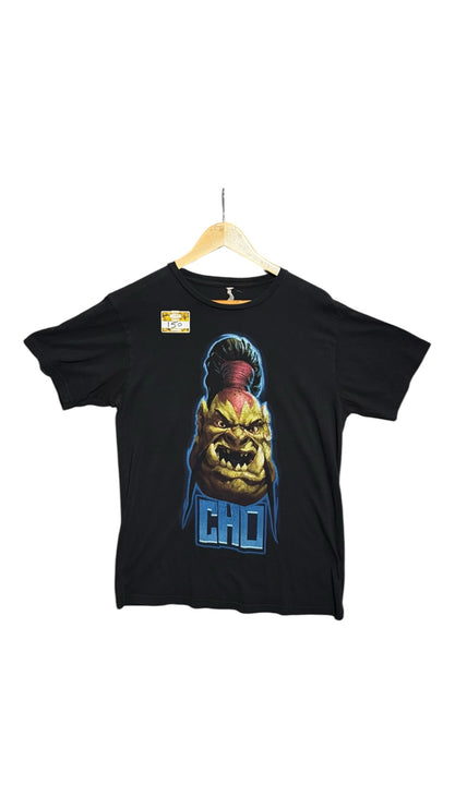 OutOf10 black cotton crewneck t-shirt featuring a vibrant Cho character graphic print from Blizzard Entertainment