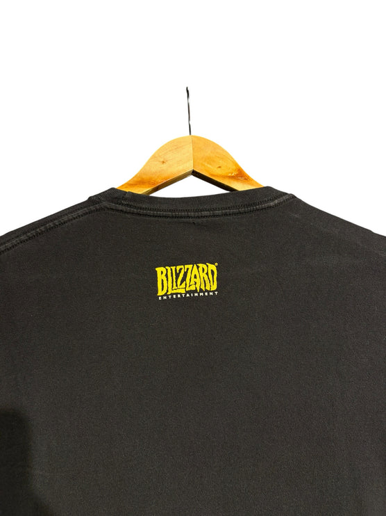 OutOf10 black crewneck t-shirt back view featuring a yellow Blizzard Entertainment logo on the nape