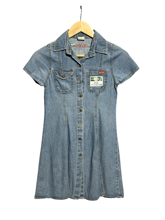 OutOf10 vintage-inspired blue denim mini dress with short sleeves, collar, button-down front, and two chest pockets.