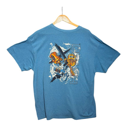 OutOf10 blue short sleeve crewneck t-shirt with a fishing reel graphic on the back, hanging on a wooden hanger.