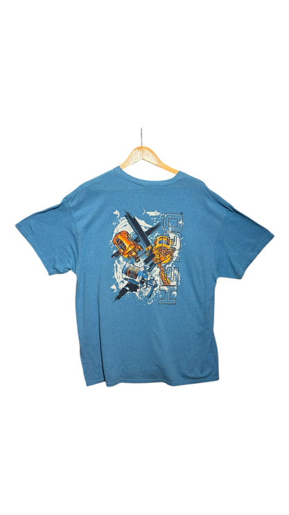 OutOf10 blue short sleeve crewneck t-shirt with a fishing reel graphic on the back, hanging on a wooden hanger.