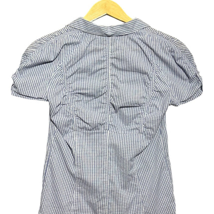 OutOf10 blue and white gingham short sleeve button-down shirt with delicate back ruching details on a wooden hanger