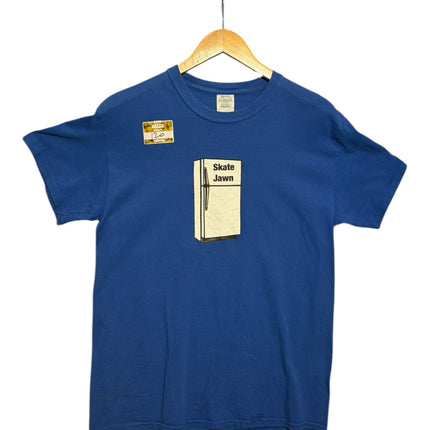 OutOf10 blue cotton crewneck t-shirt featuring a graphic print of a refrigerator with Skate Jawn text on the chest