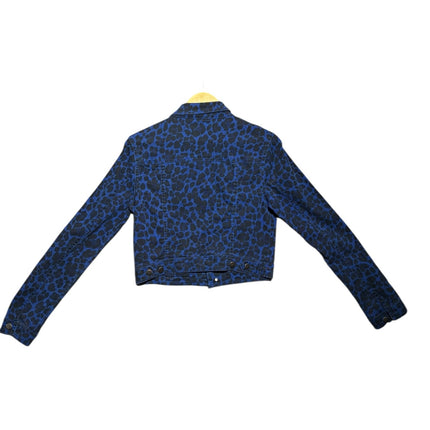 OutOf10 blue and black leopard print cropped denim jacket with long sleeves and button details, back view.