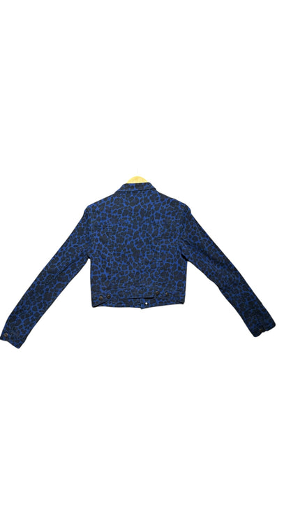 OutOf10 blue and black leopard print cropped denim jacket with long sleeves and button details, back view.