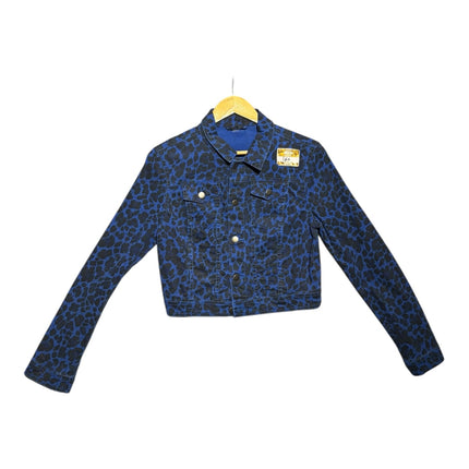 OutOf10 blue and black leopard print cropped denim jacket with a button-down front and structured collar.