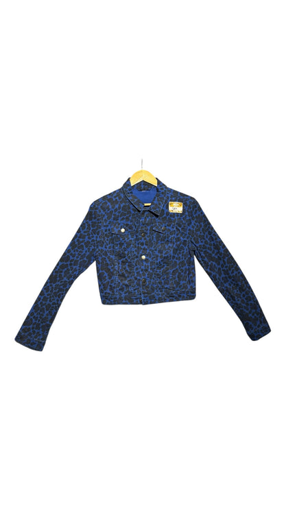 OutOf10 blue and black leopard print cropped denim jacket with a button-down front and structured collar.