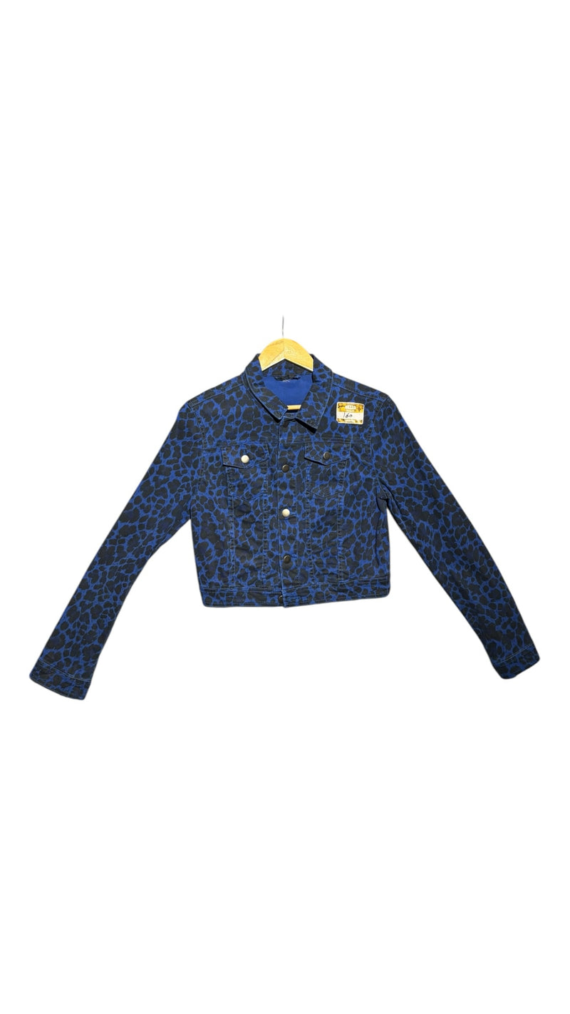 OutOf10 blue and black leopard print cropped denim jacket with a button-down front and structured collar.
