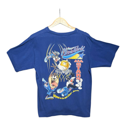 OutOf10 blue cotton t-shirt featuring a vibrant Warner Bros Movie World All-Stars basketball graphic on the back