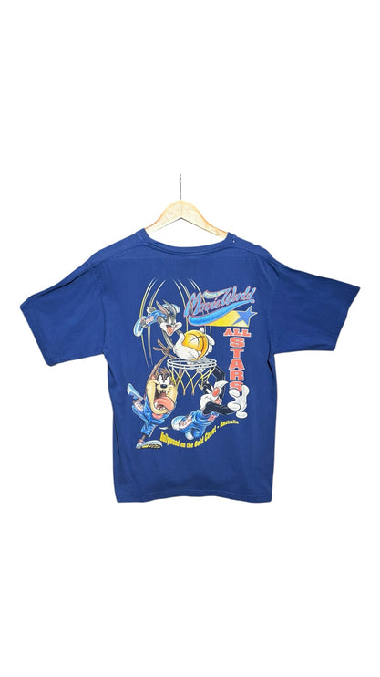 OutOf10 blue cotton t-shirt featuring a vibrant Warner Bros Movie World All-Stars basketball graphic on the back