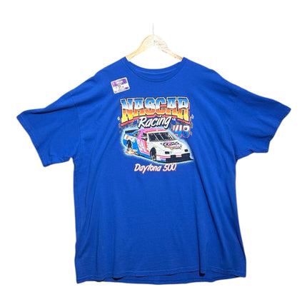 OutOf10 blue vintage NASCAR Racing Daytona 500 graphic t-shirt with a retro race car print and crew neck design.