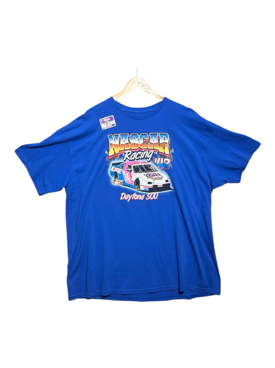 OutOf10 blue vintage NASCAR Racing Daytona 500 graphic t-shirt with a retro race car print and crew neck design.